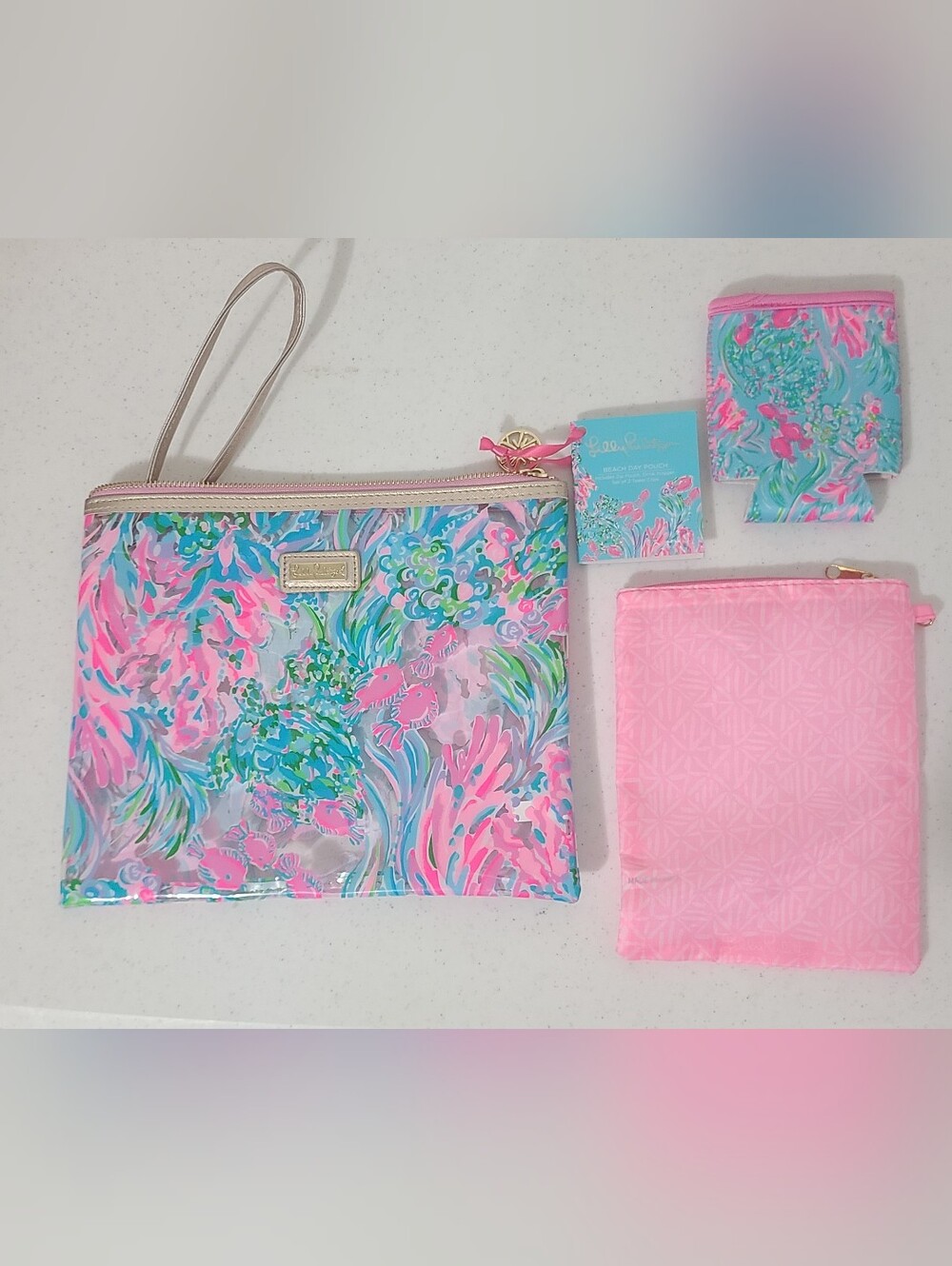 NWT Lilly Pulitzer Best Fishes Beach Day Pouch 3pc Set Makeup Bag Cozy